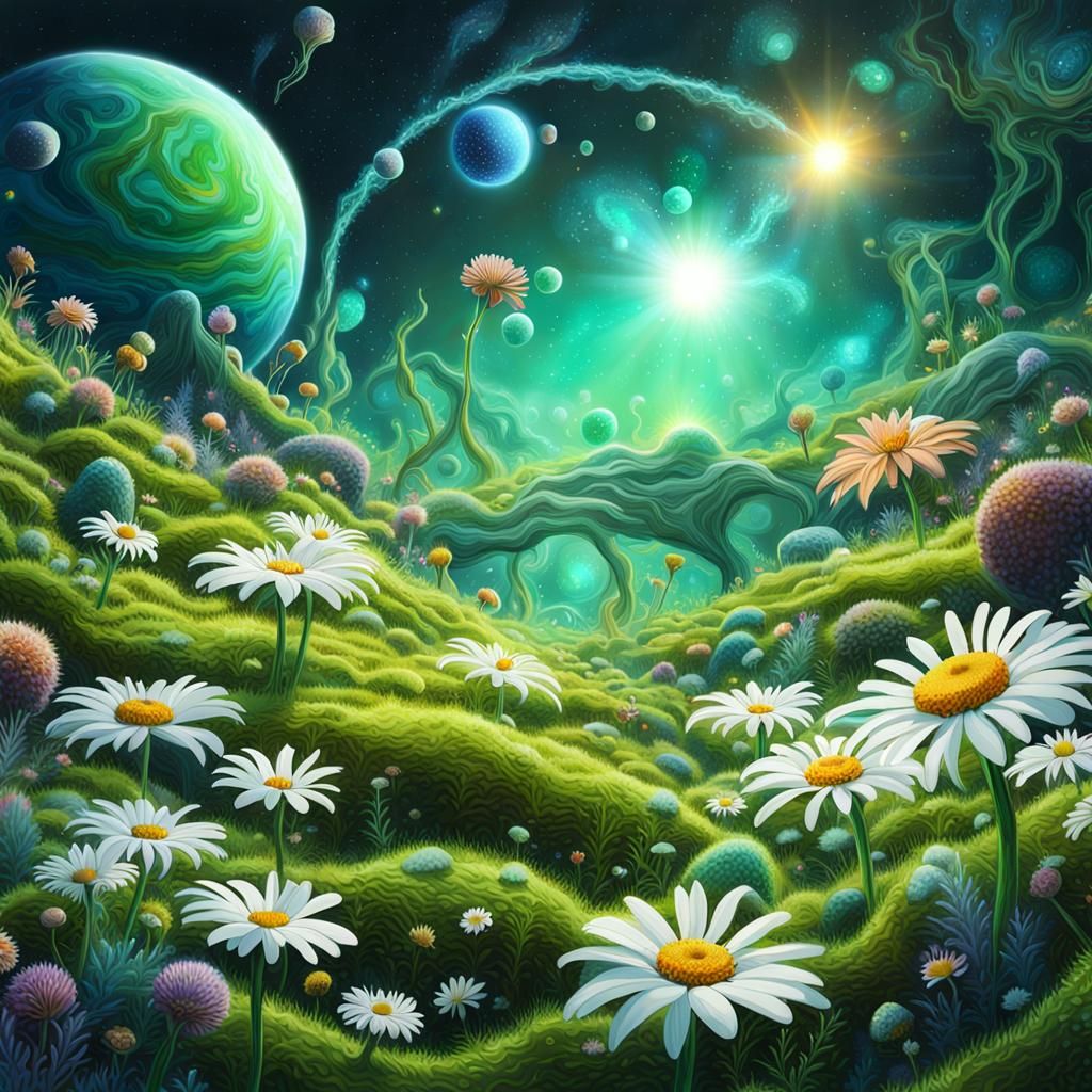 Lush Alien Planet with Moss and Daisies