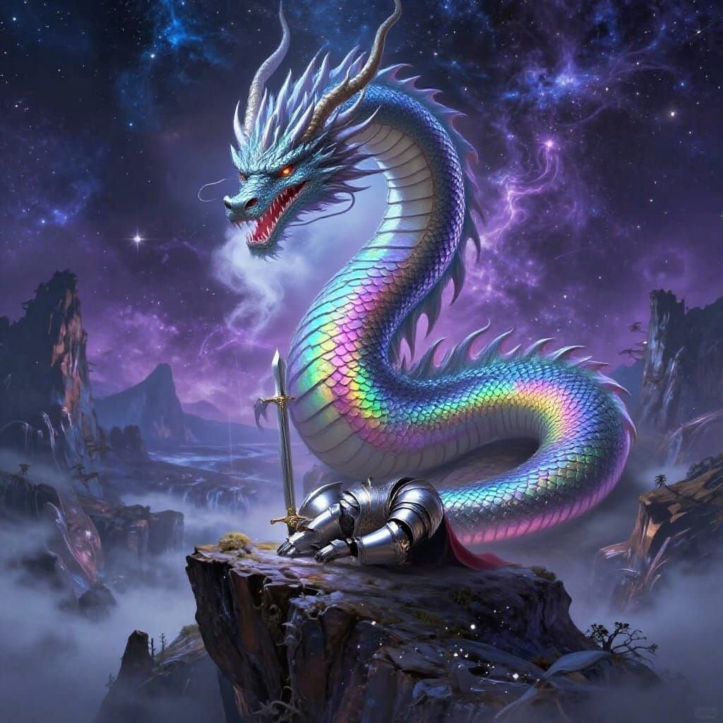 Knight and Iridescent Dragon in High-Fantasy Art