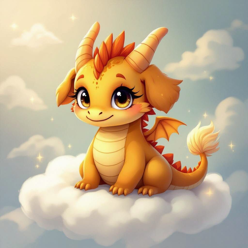 Cute Chibi Dragon with Golden Retriever Features on Cloud