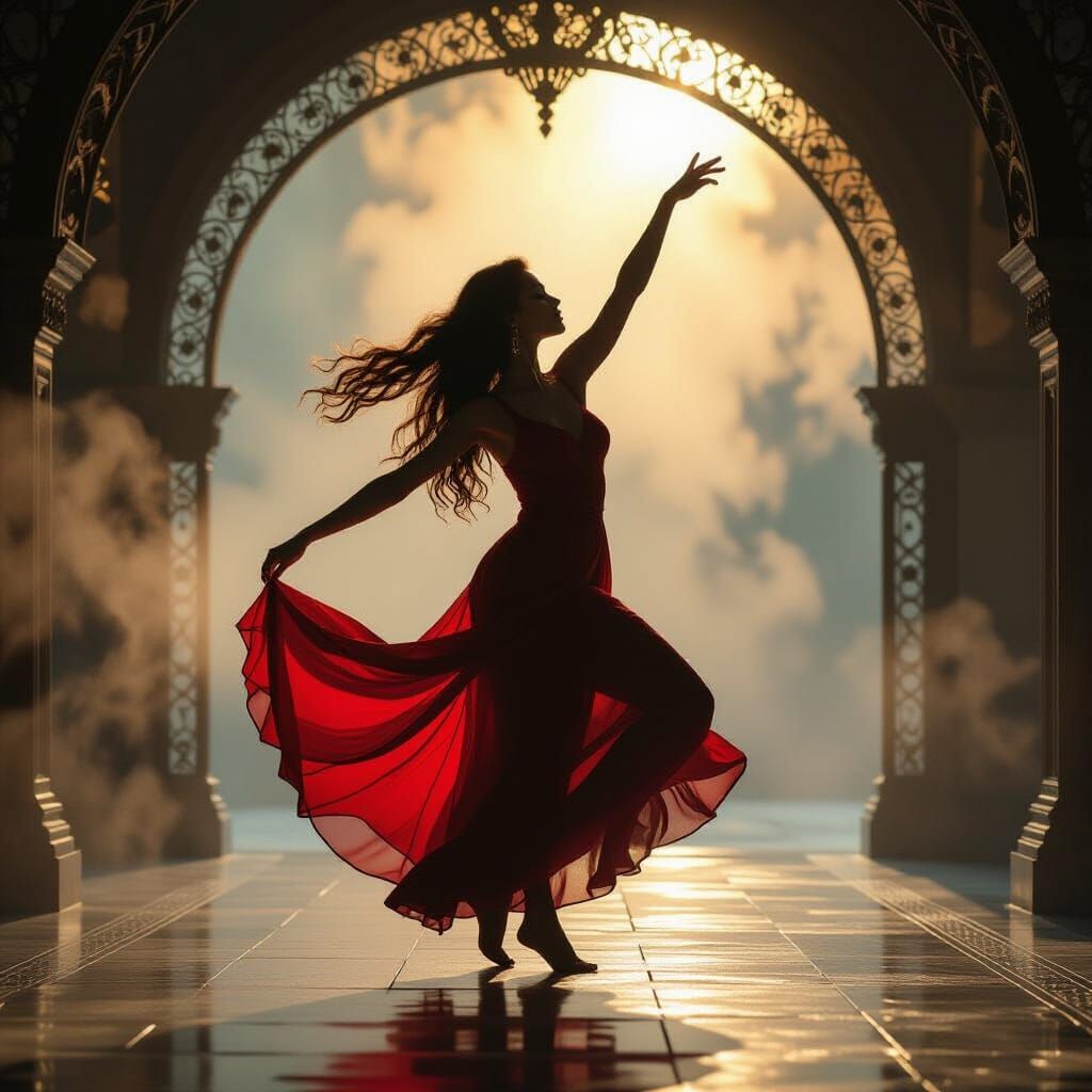 Woman Dancing in Red Dress: Chiaroscuro Photography