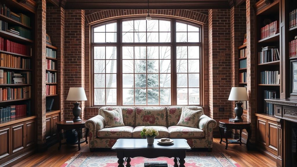 Victorian Library with Snowy Winter View