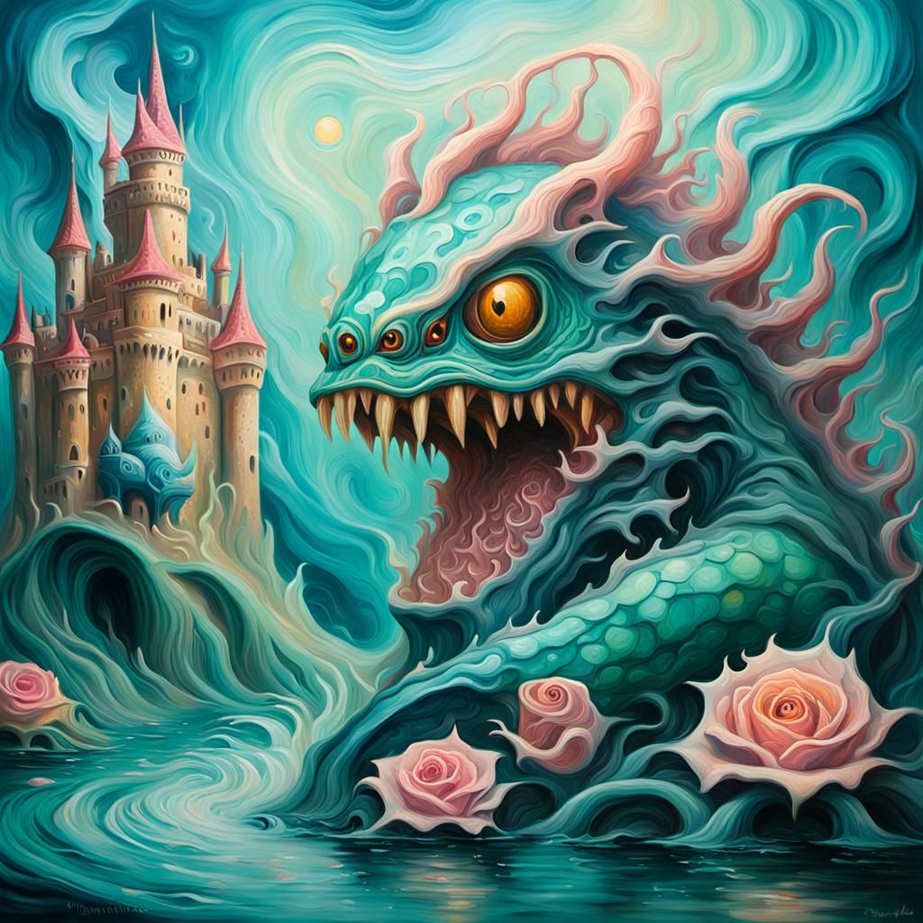 Surreal Fantasy Monster Emerges from Rose Castle