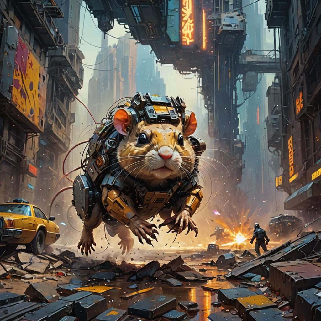 Cyborg Gerbil in Dystopian Sci-Fi Style