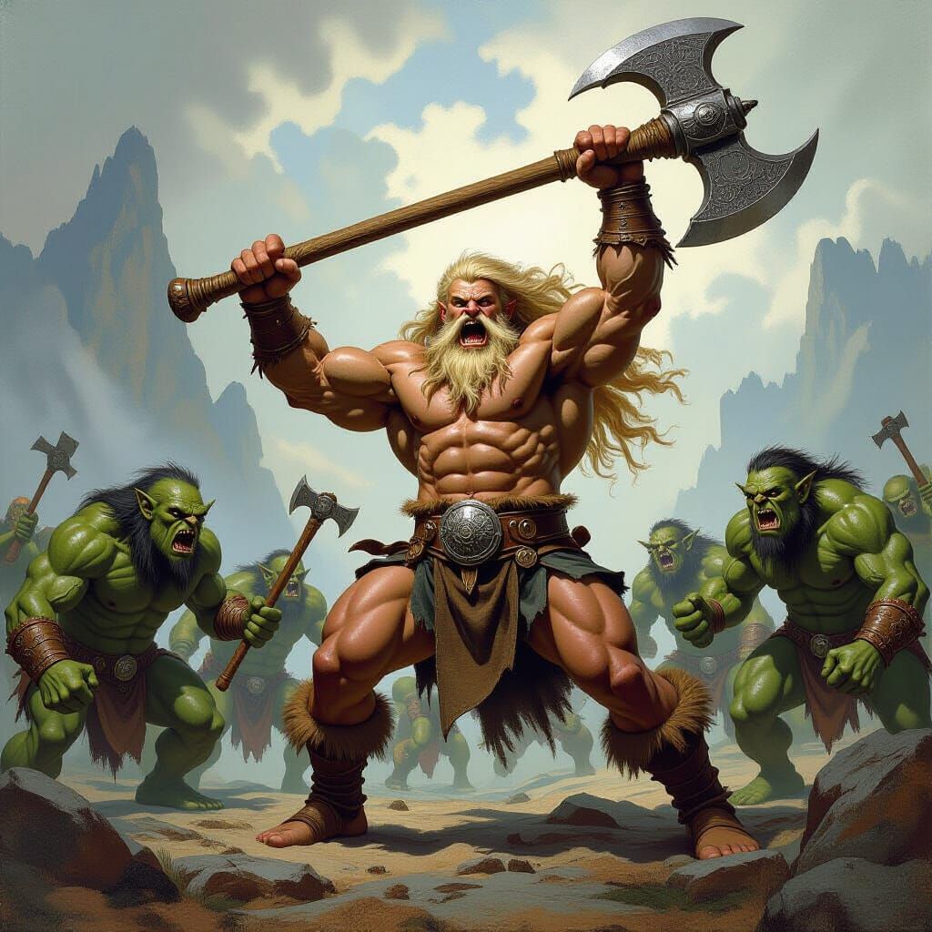 Warrior Battles Trolls With Axe in Horror Style