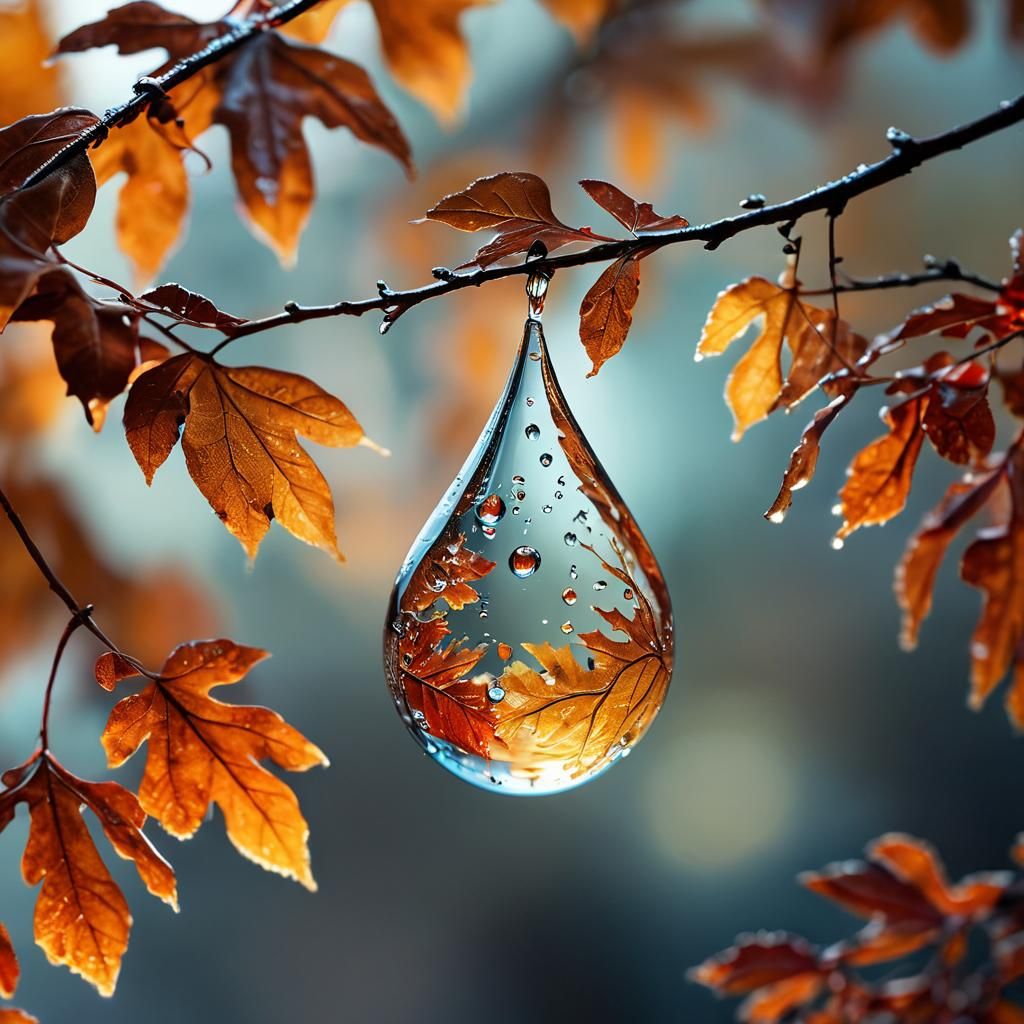Macro Water Drop Reflects Autumn Scene