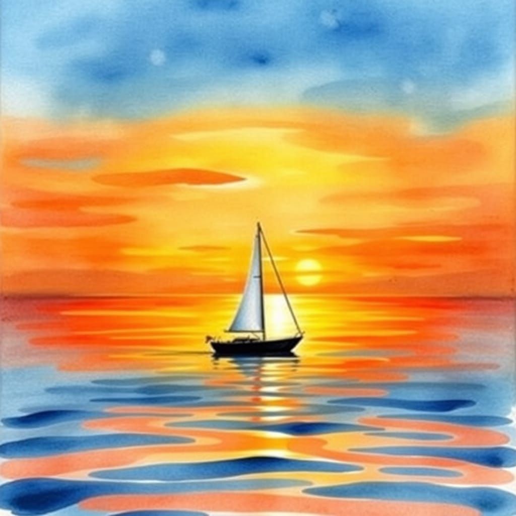 Watercolor Sailboat at Fiery Sunset