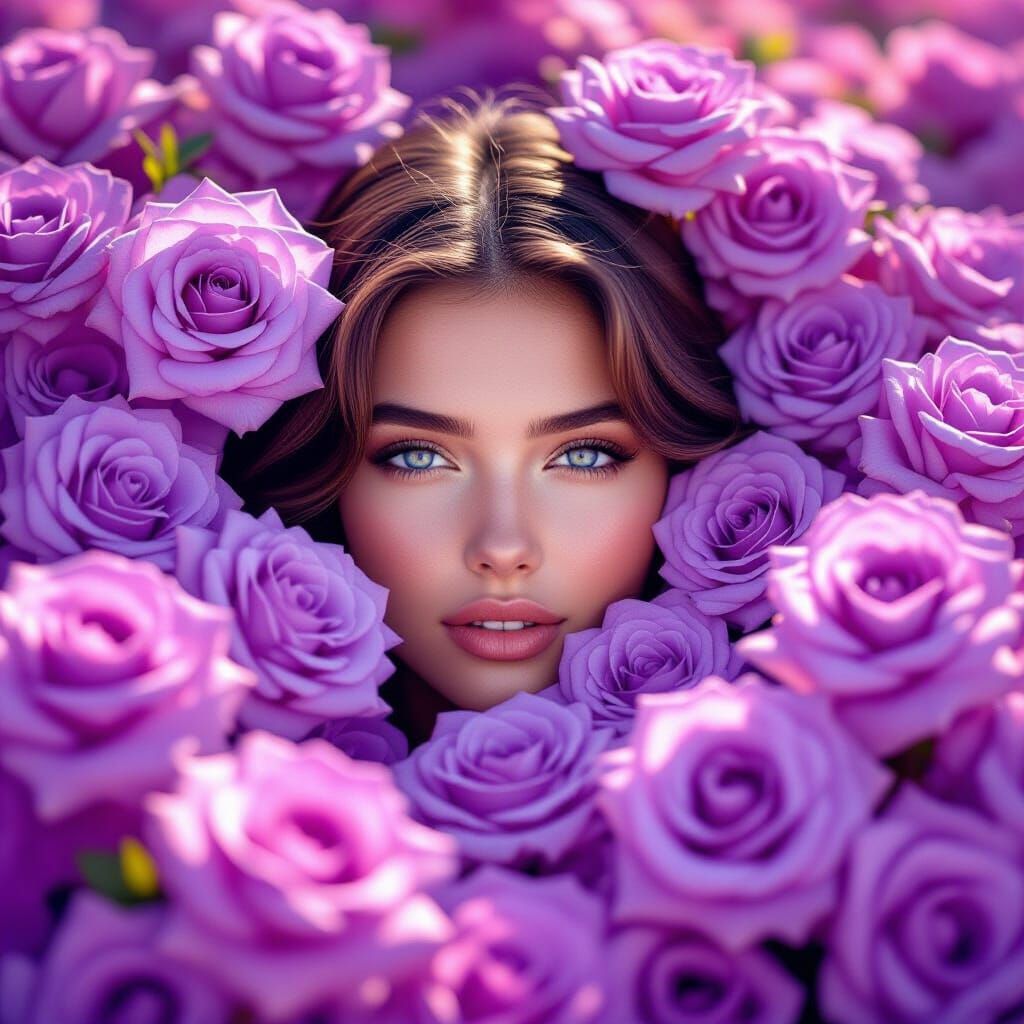 Woman Partially Hidden in Giant Purple Rose Field