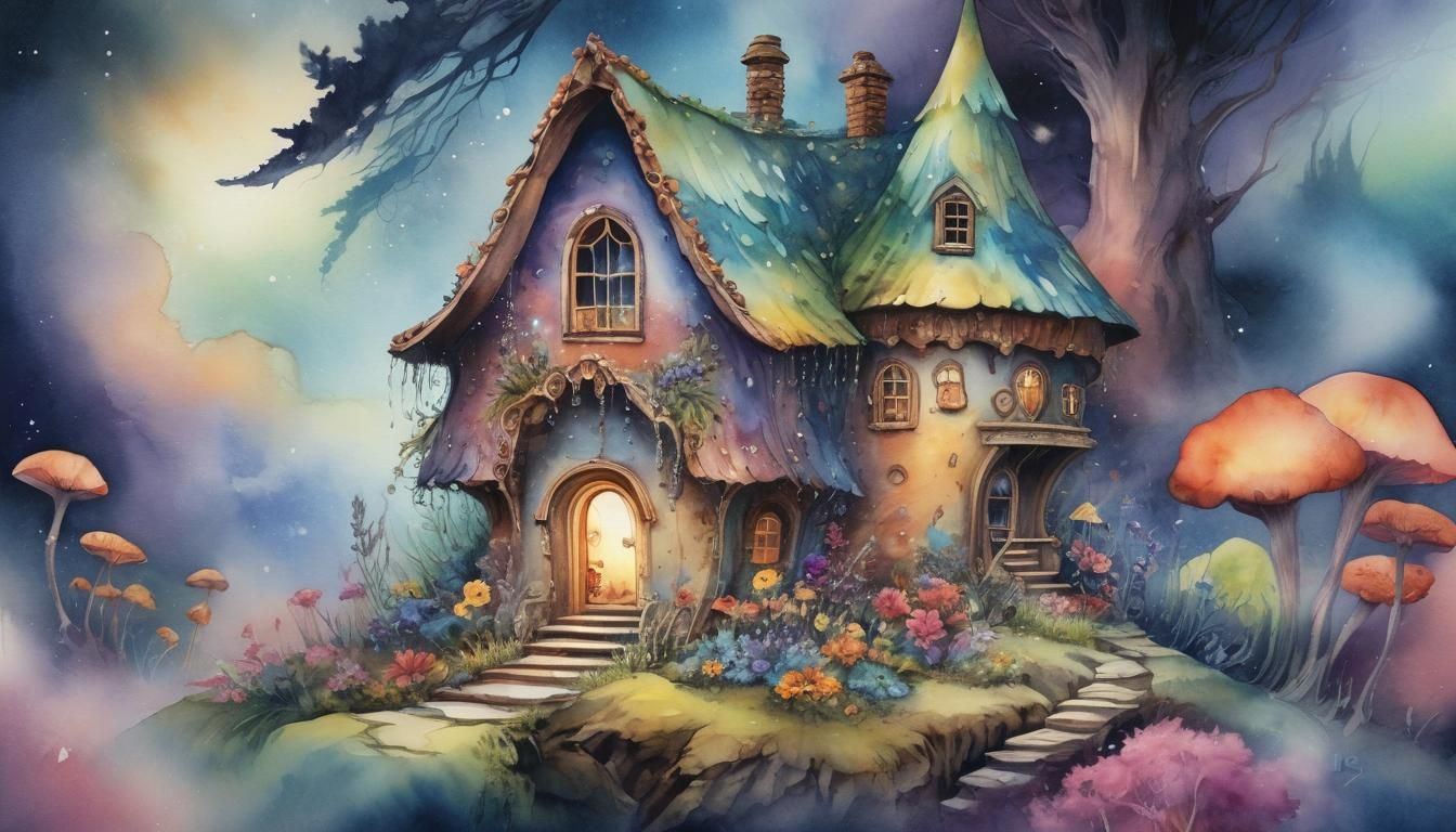 Cosmic Serenade: Watercolor Fairy House in Cloudscape