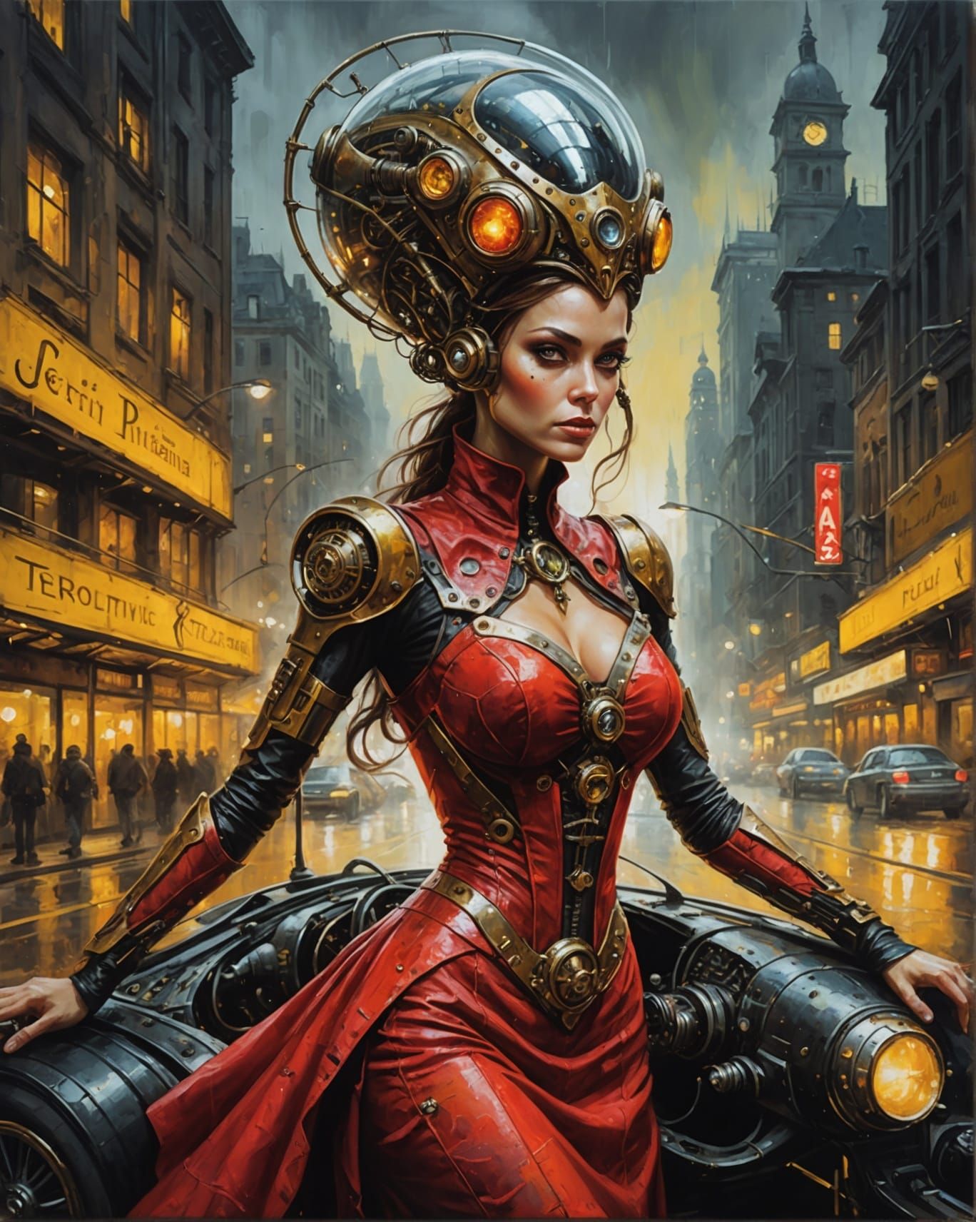 Steampunk Alien Races Through City at Night