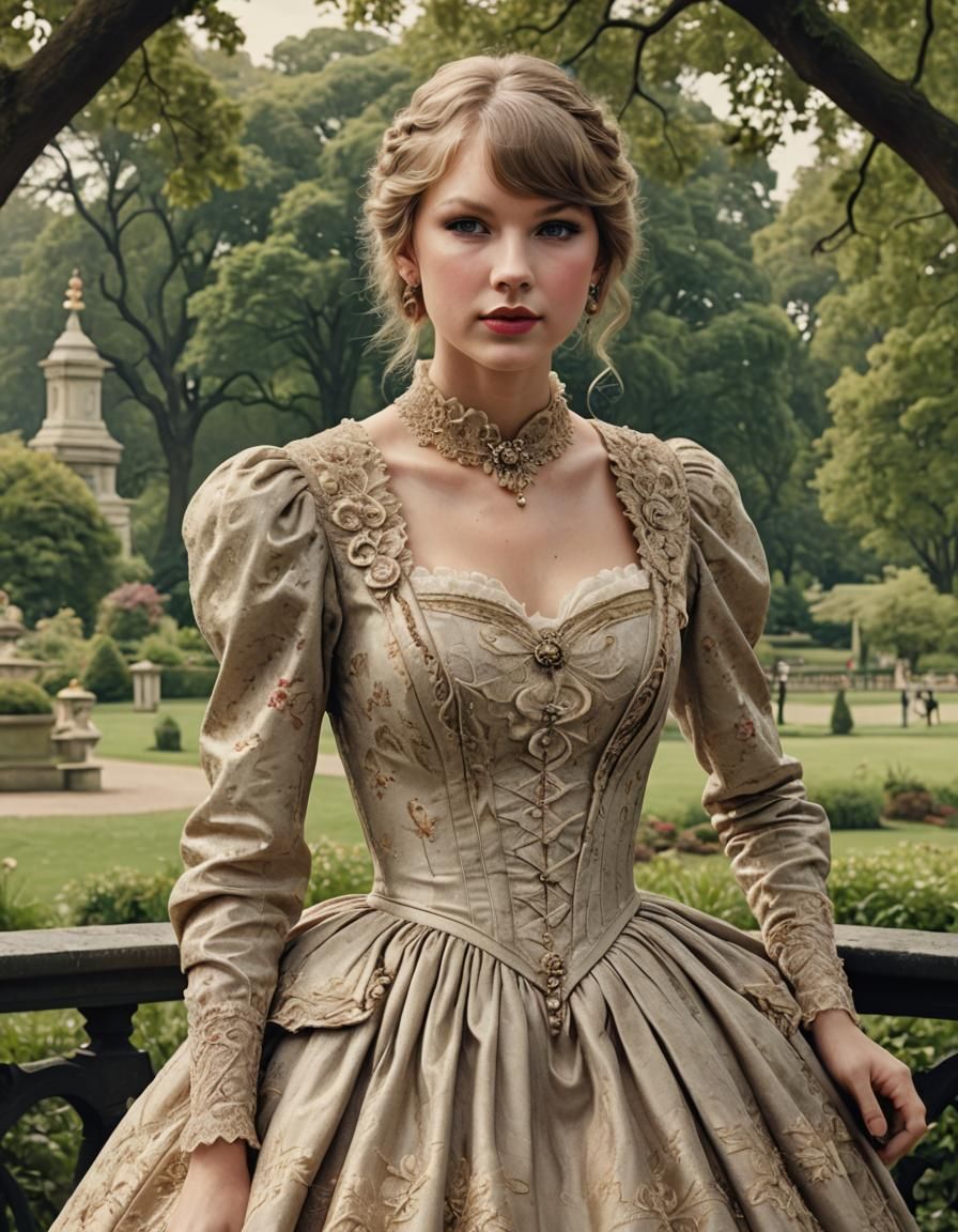 Taylor Swift in a Victorian Dress, park background, Half Bod...