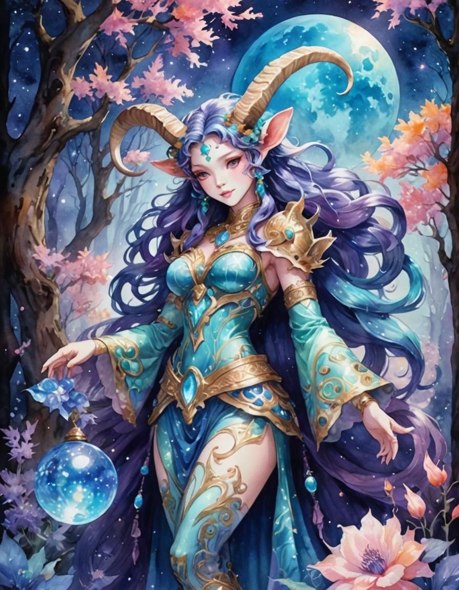 Divine Satyr in Bioluminescent Anime Forest