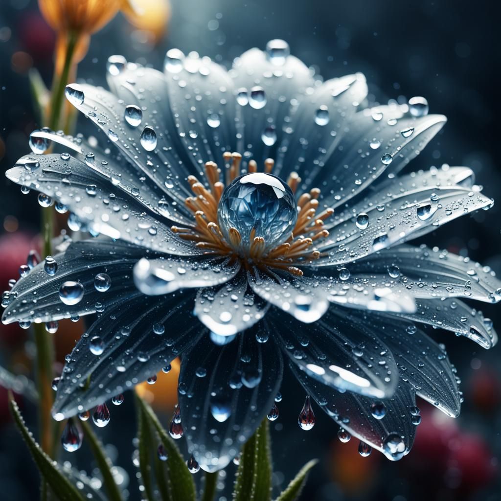 Glass Flower with Crystallized Dew Drops Close-Up