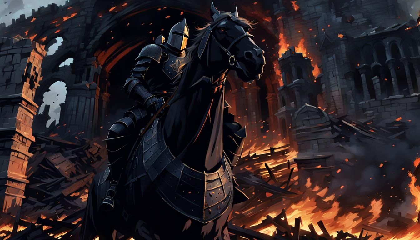 Black Knight Rides Through Burning Battlefield