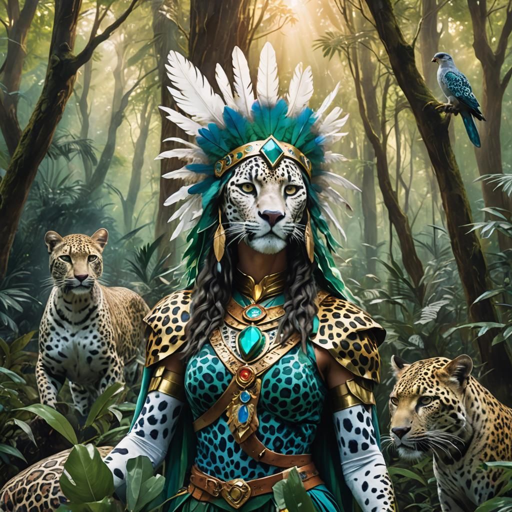 Ethereal Mystic in Vibrant Forest with Leopards and Shaman