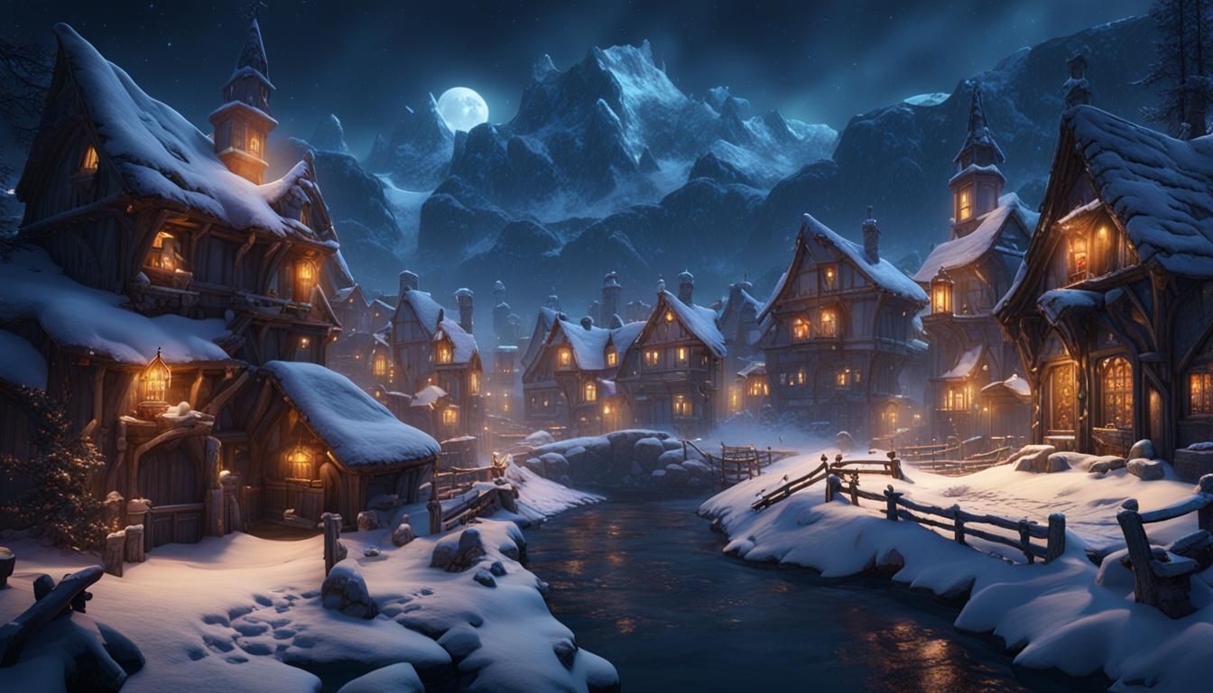 Snowy Village at Night in Detailed Matte Painting