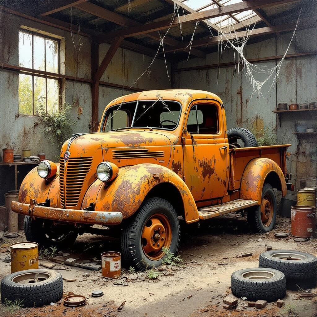 Abandoned 1940s Fiat Truck in Dusty Workshop