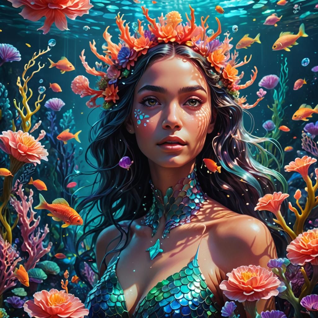 Mesmerizing Mermaid in Surreal Bioluminescent Underwater Sce...