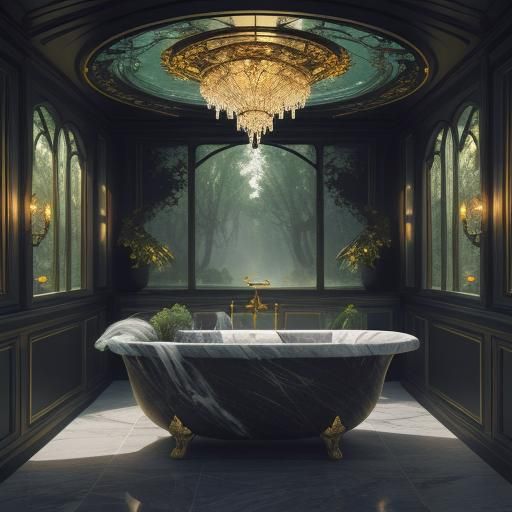 Marble Bathtub in Glass Garden: Dark Fantasy Art
