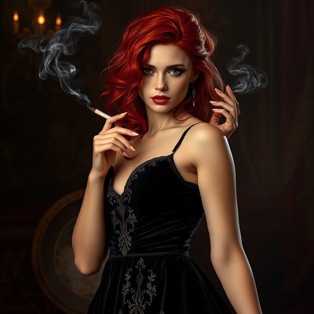 Sultry Redhead Goddess with Cigarette in Dark, Golden Hues