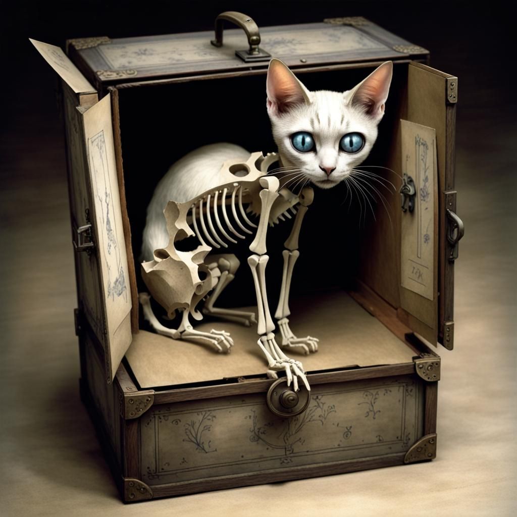 Schroedinger's cat in a box , half live half skeleton dead ,brian froud, tim burton