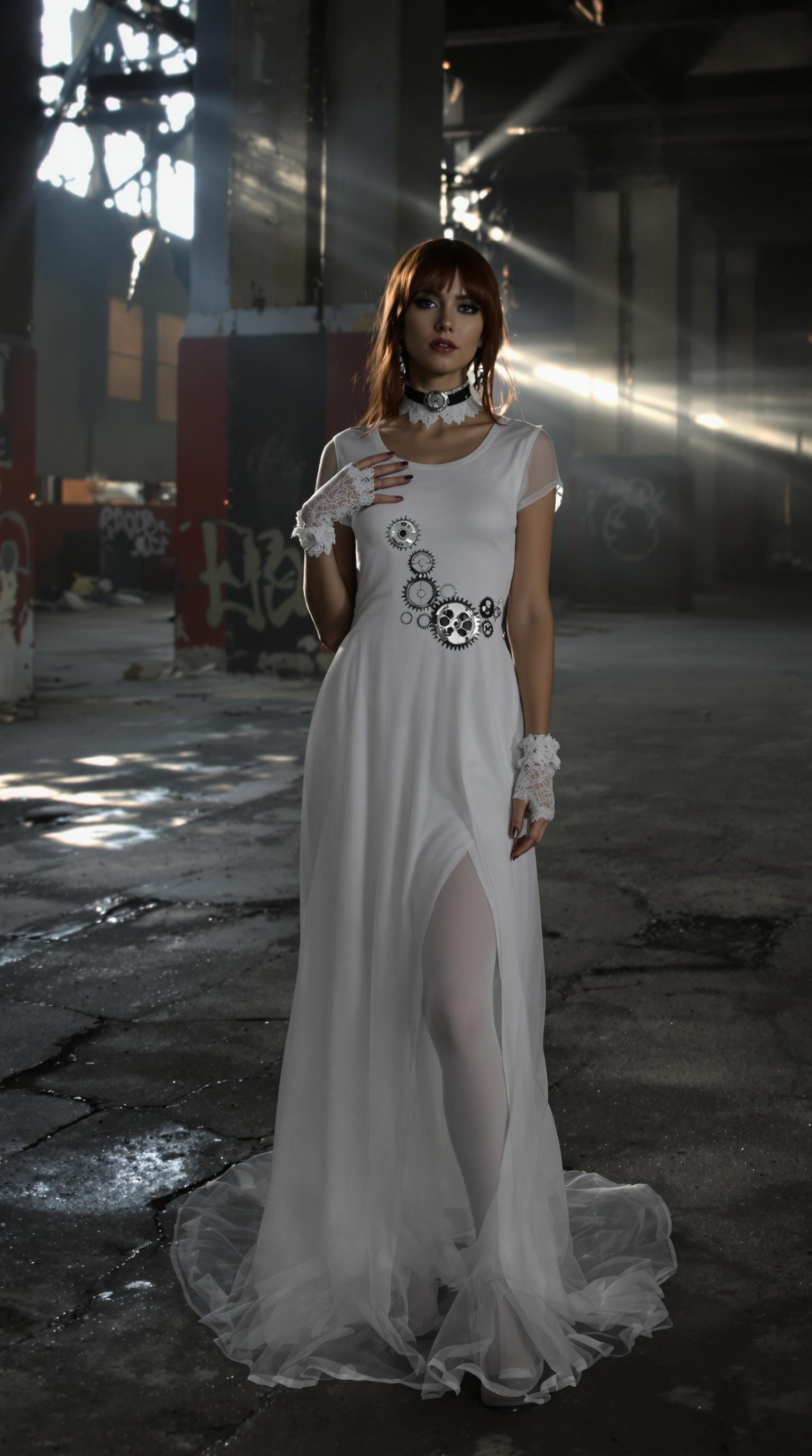 Ethereal Redheaded Model in Gothic Clockwork Dress
