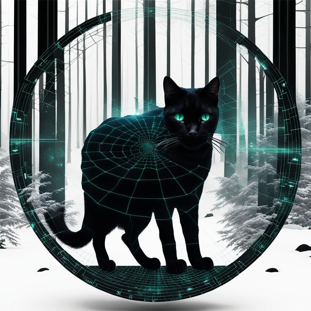 Futuristic Black Cat in Forest with 3D Digital Grid