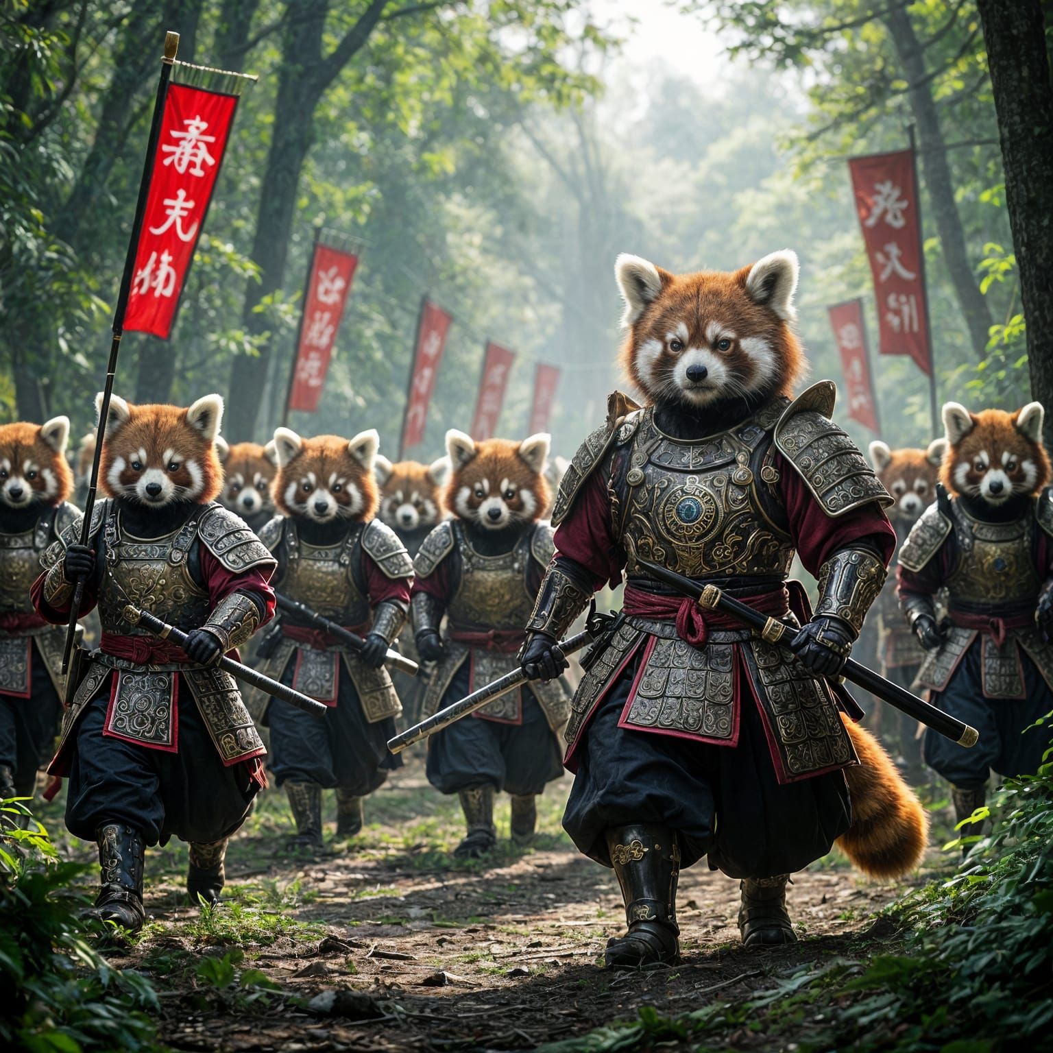Samurai Red Pandas March Through Misty Jungle
