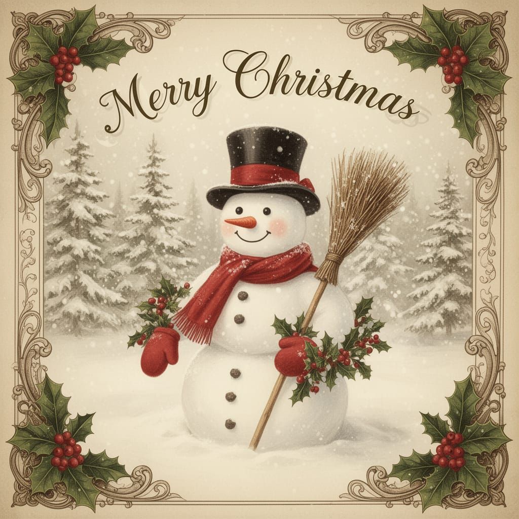 Vintage Snowman Christmas Card Illustration