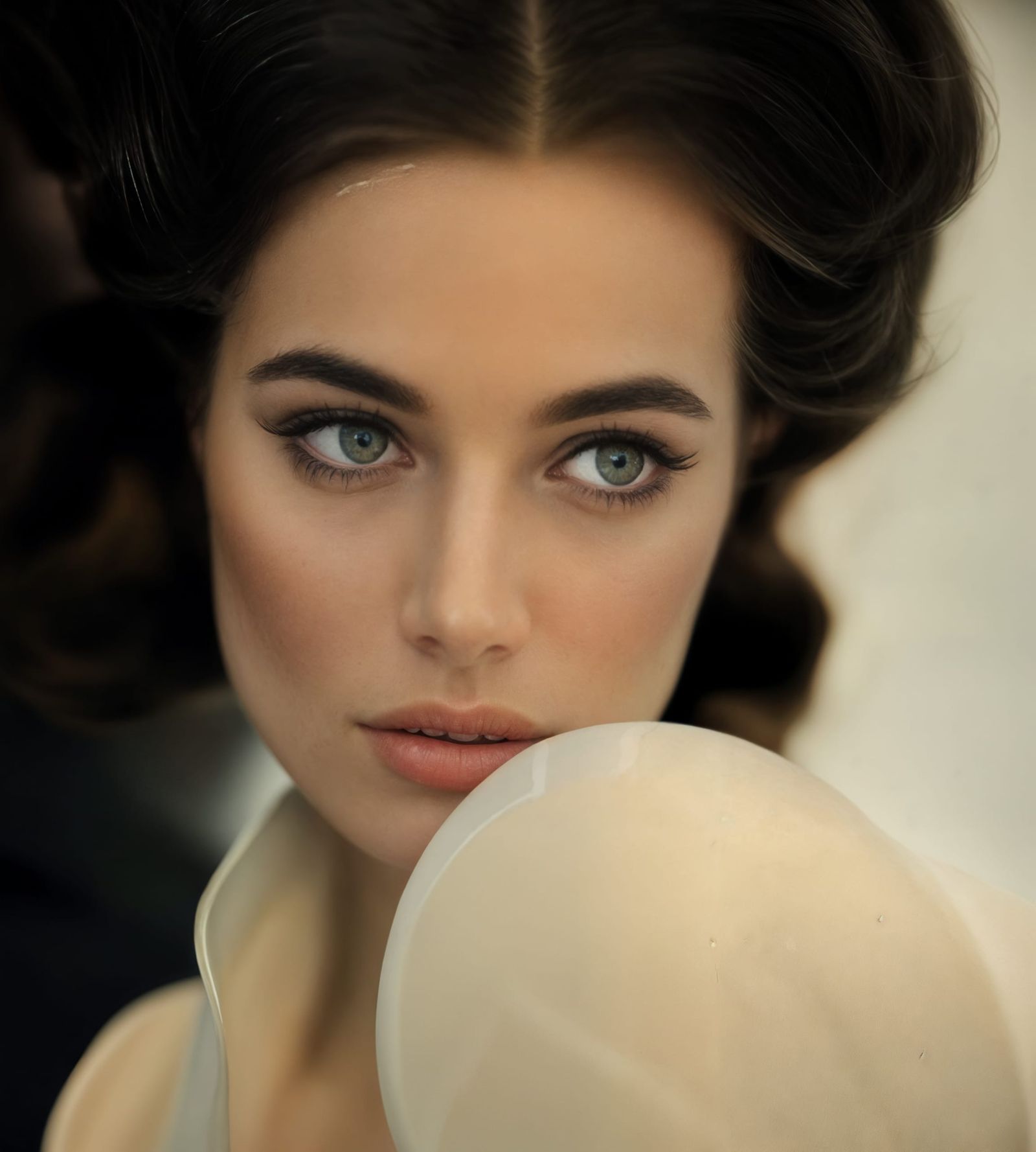 Beautiful Woman in London Cafe: Photorealistic Portrait