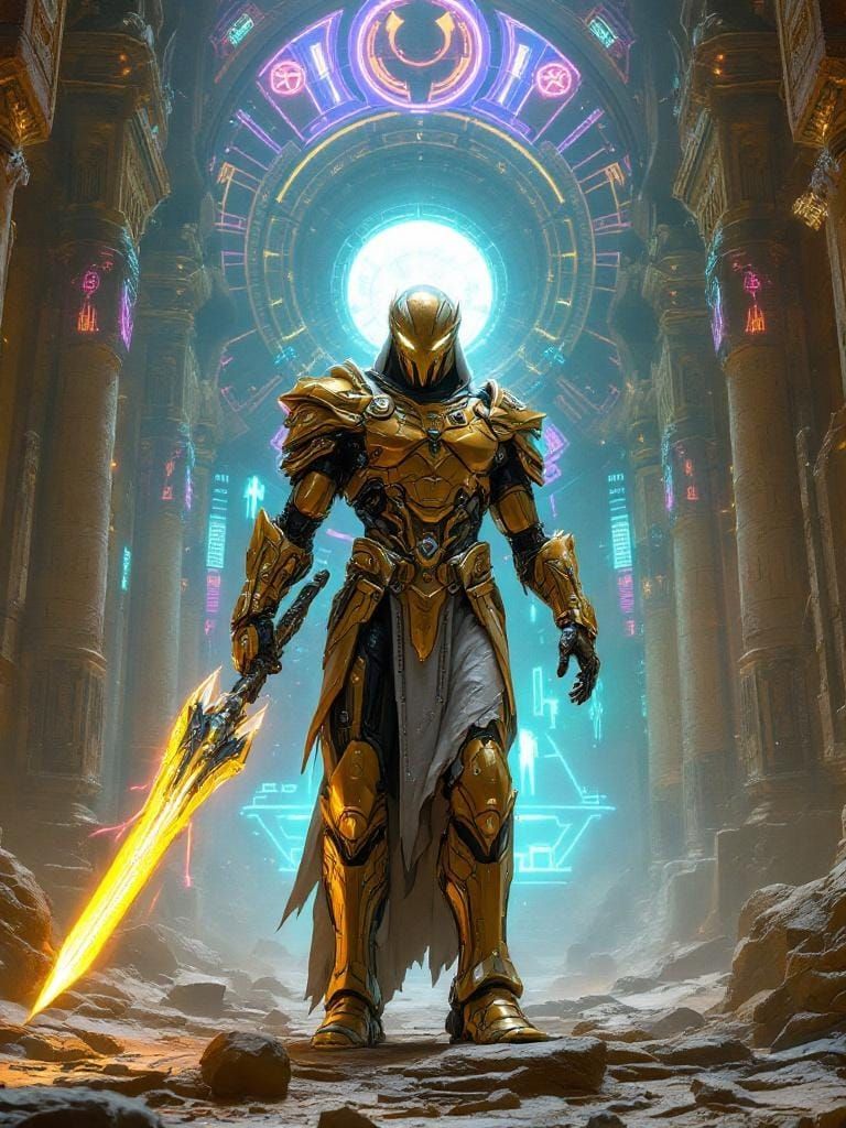 Futuristic War God in Cyberpunk Temple