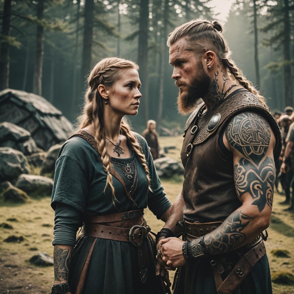 Tattooed Viking Couple in Cinematic Embrace