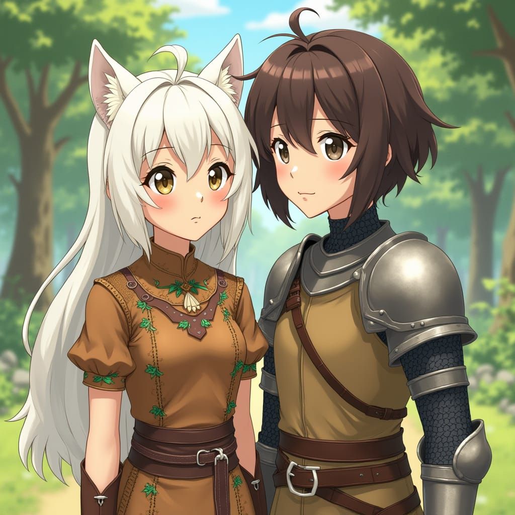 Wolf Princess and Knight Girl in Whimsical Anime Style