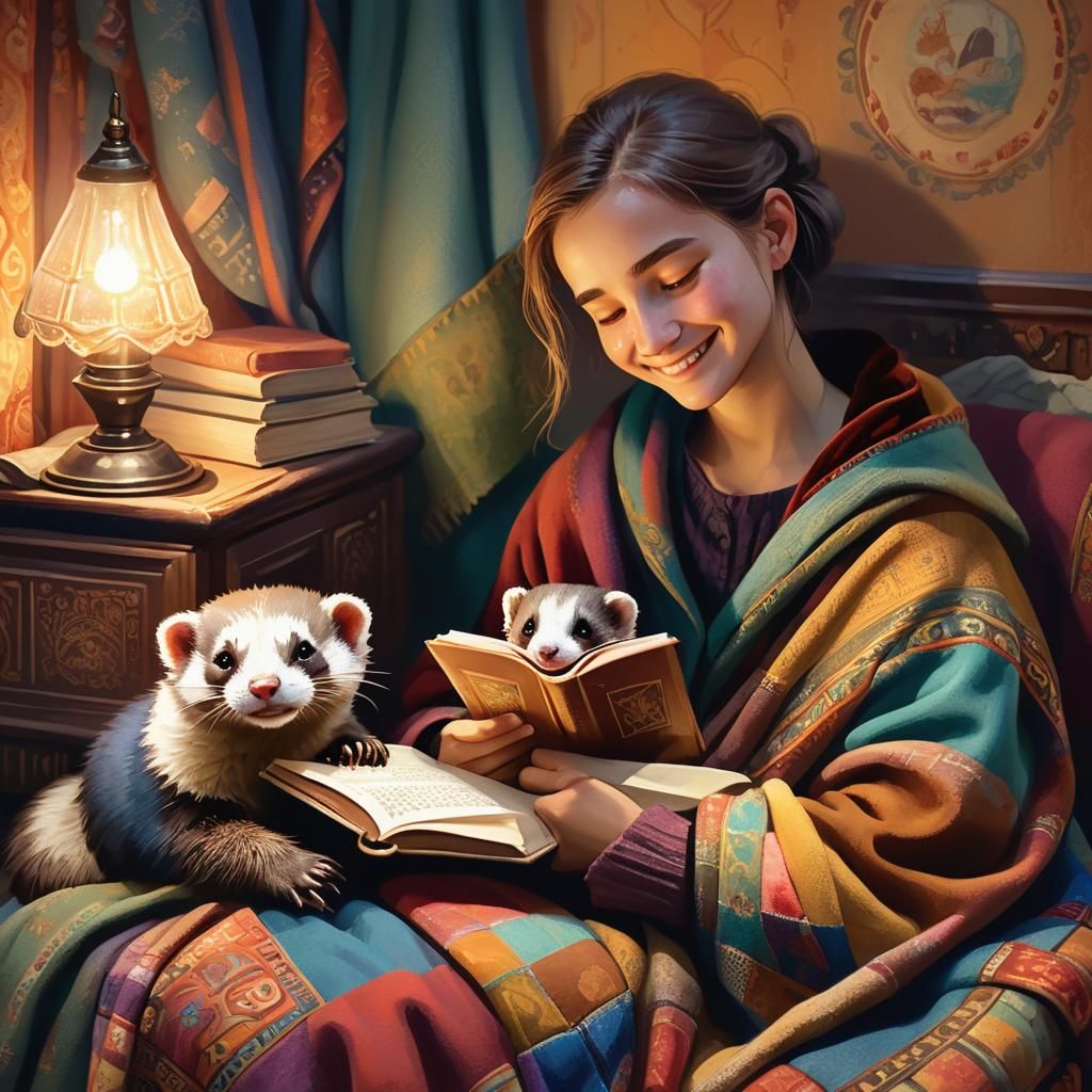 Cozy Reading Scene with Sleeping Ferret