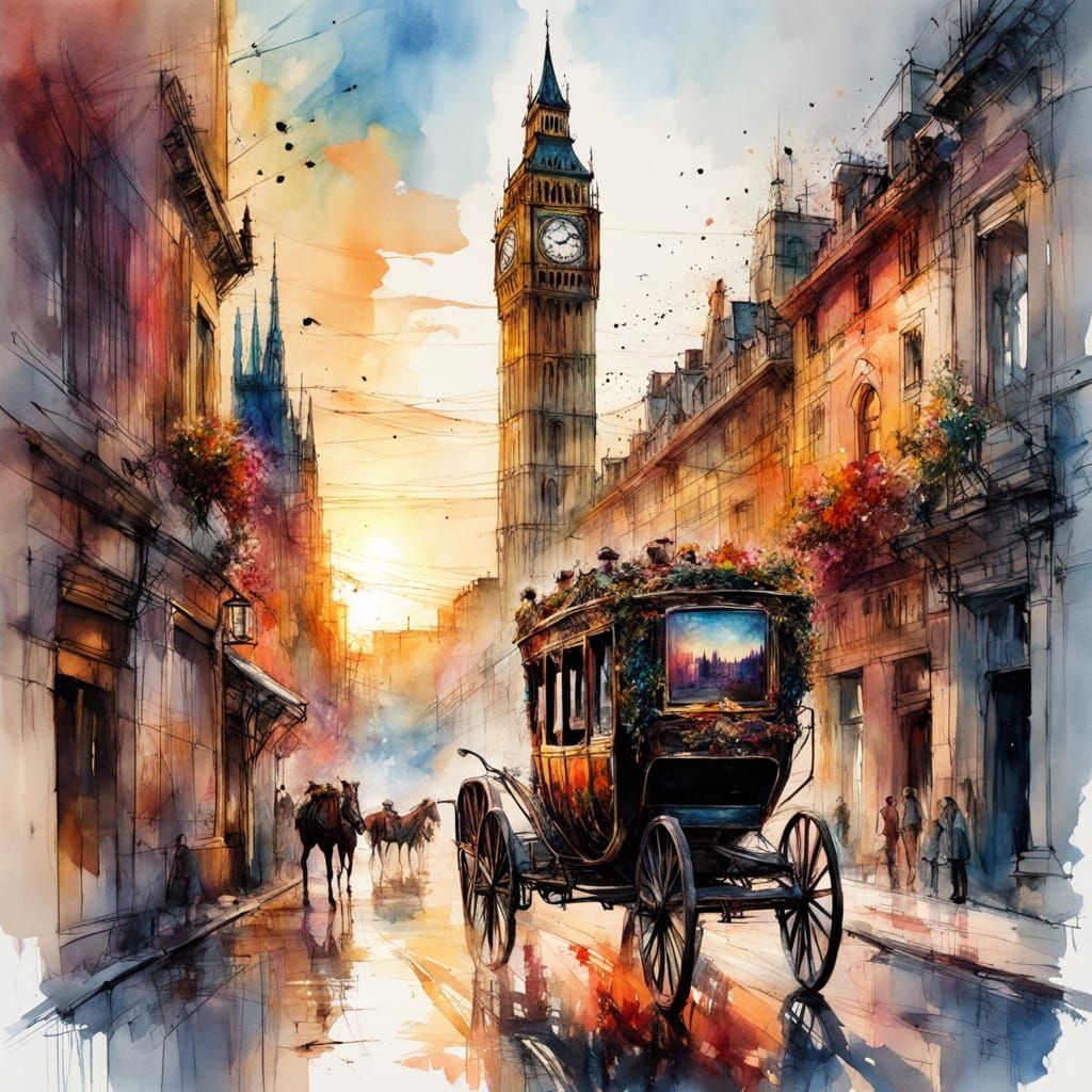 Carriage to Big Ben: Digital Watercolor Illustration