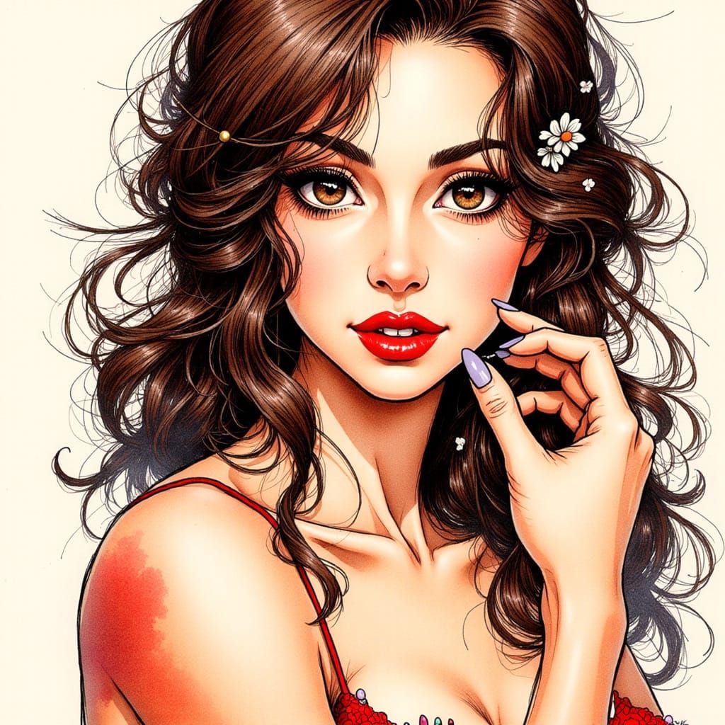 Flirtatious Brunette Woman in Colored Ink Illustration Style