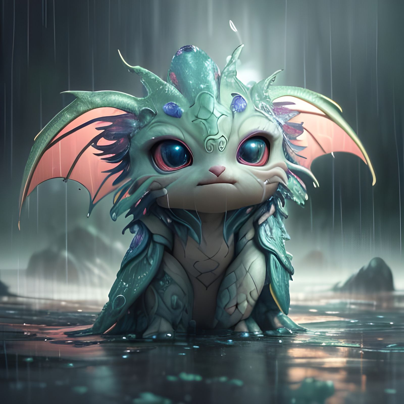Adorable Creature in Rain: Fantasycore Artwork