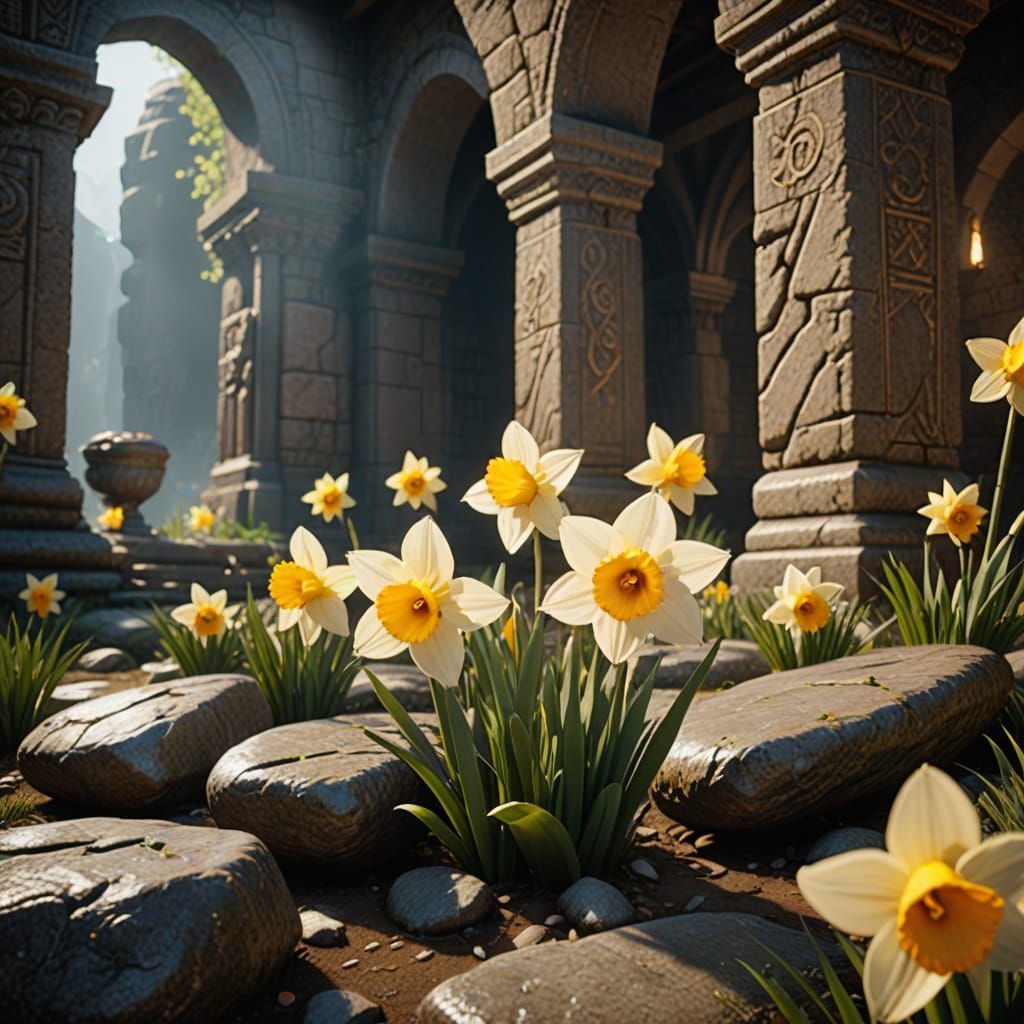 Golden Rebirth: Vibrant Daffodil Blossoms from Ancient Stone