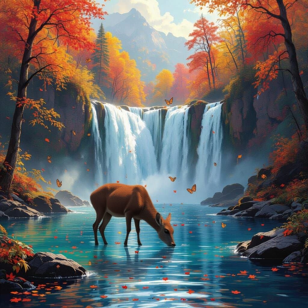 Majestic Waterfall with Autumn Foliage and Floating Leaves