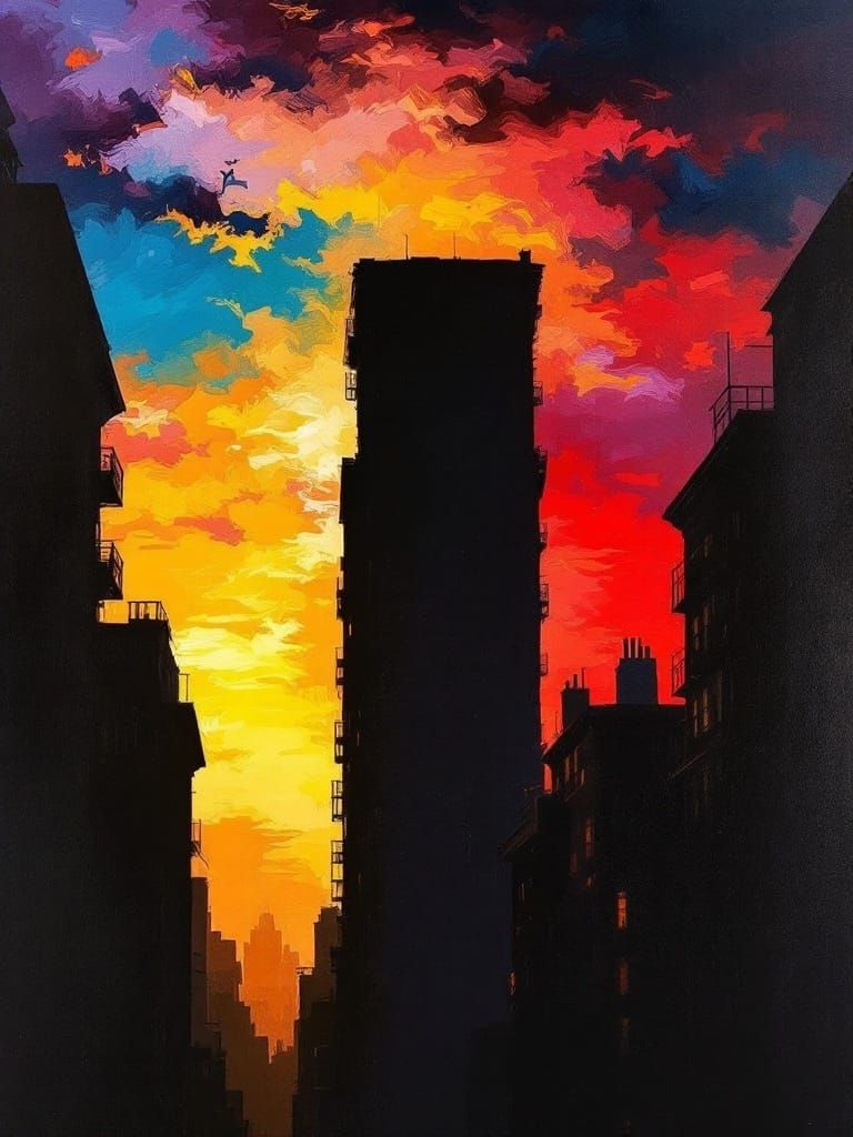 Epic Sunset Cityscape in Gouache Masterpiece Style