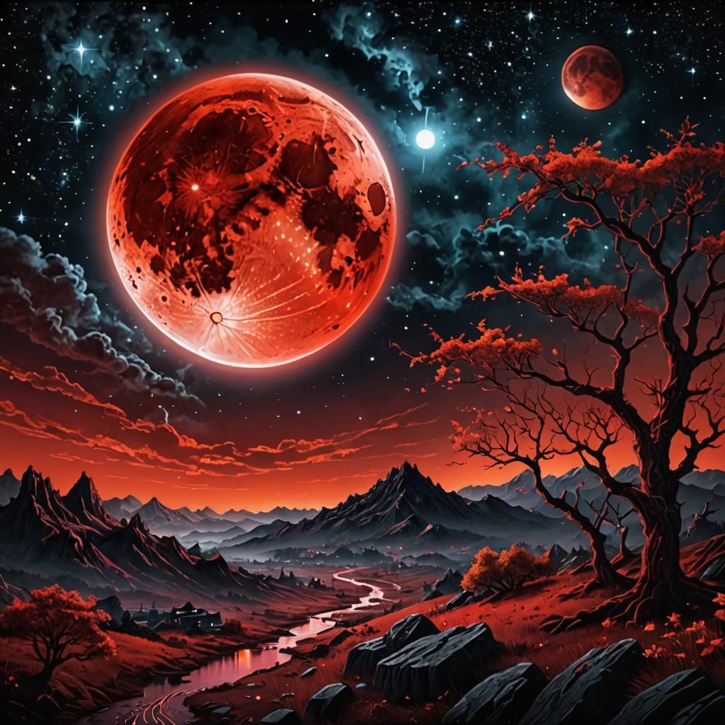 Creepy Blood Moon in a Cosmic Dreamscape
