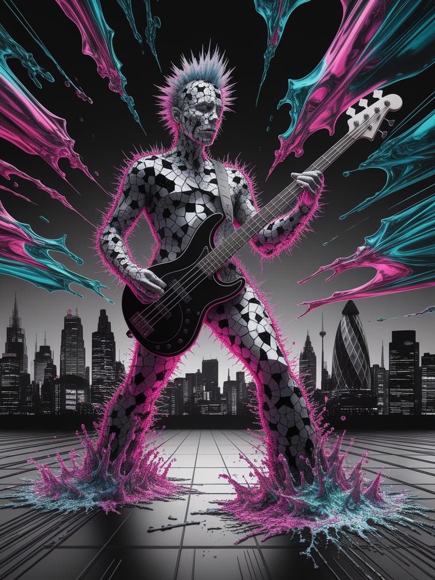 UK Punk Rock Personified as Bassist in Abstract Art