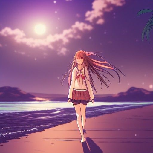 Anime Girl Walks Beach at Night in 8K