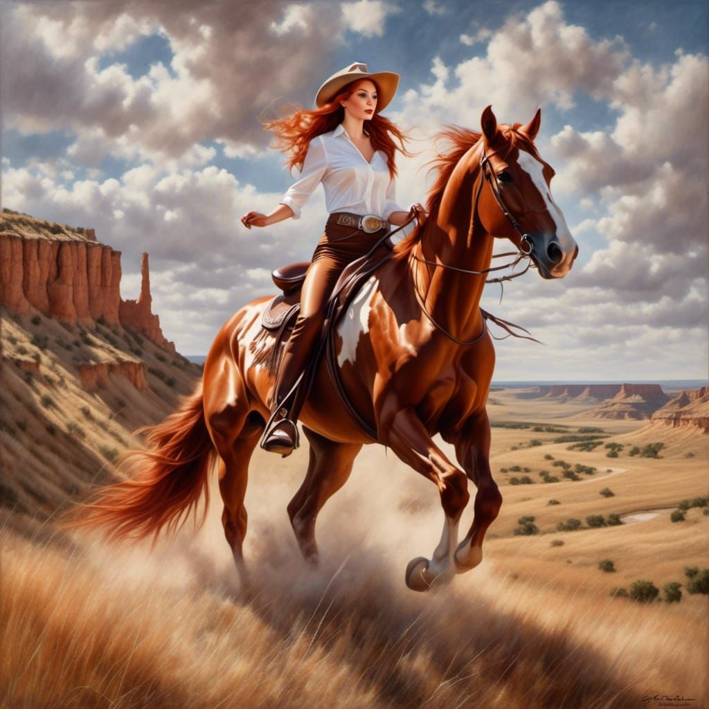 Red-Haired Cowgirl Rides in Impressionistic Portrait