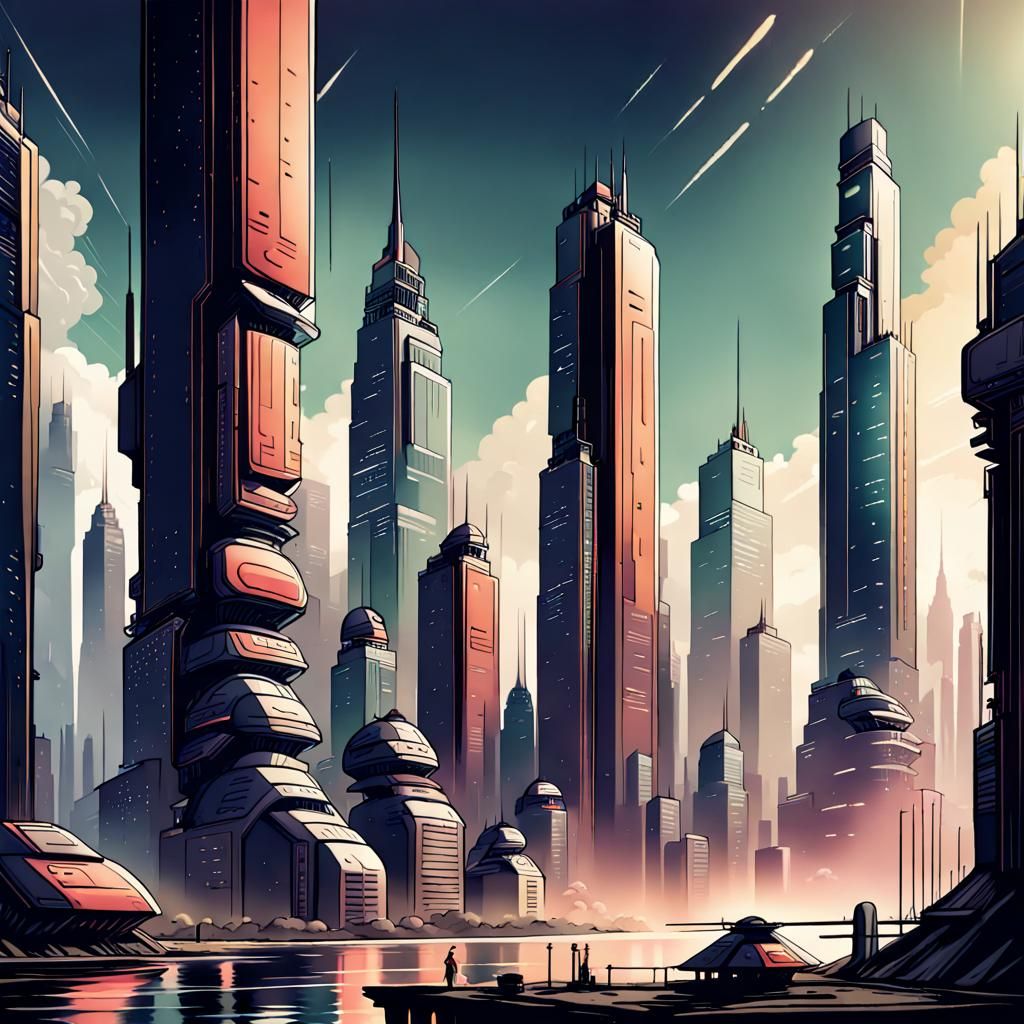 Vibrant Sci-Fi Cityscape with Skyscrapers