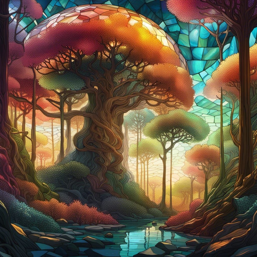 Stained Glass Forest: Hyperdetailed Digital Landscape
