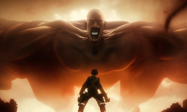 Attack on Titan Soldier vs Titan in Dark Fantasy Art