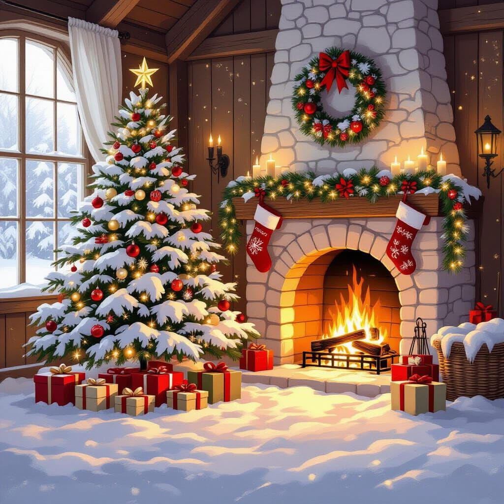 Cozy Snow-Covered Cottage Interior with Christmas Glow