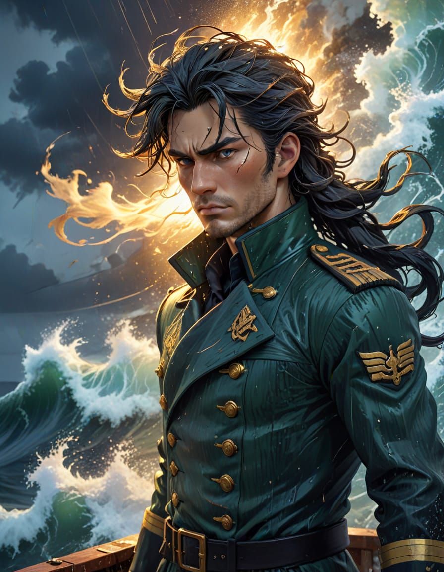 Confident Anime Sea Captain in Stormy Weather