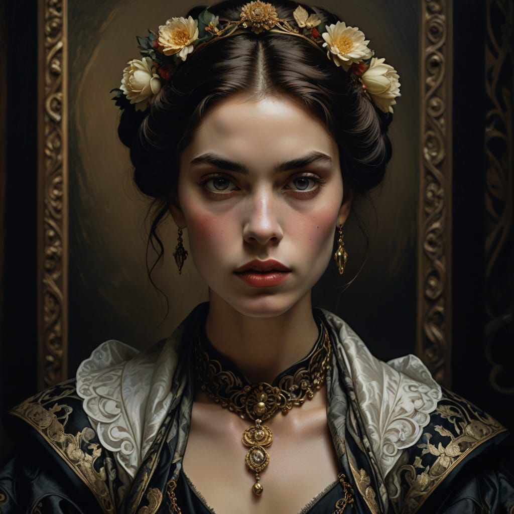 Woman in Art Nouveau-Inspired Portrait with Piercing Almond-...