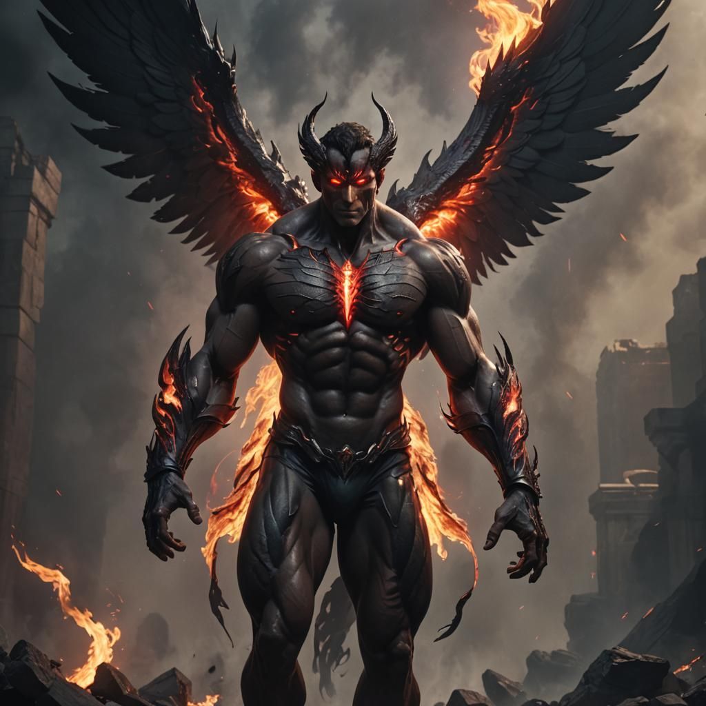 Hyperrealistic Dark Shadow Seraph with Fiery Wings